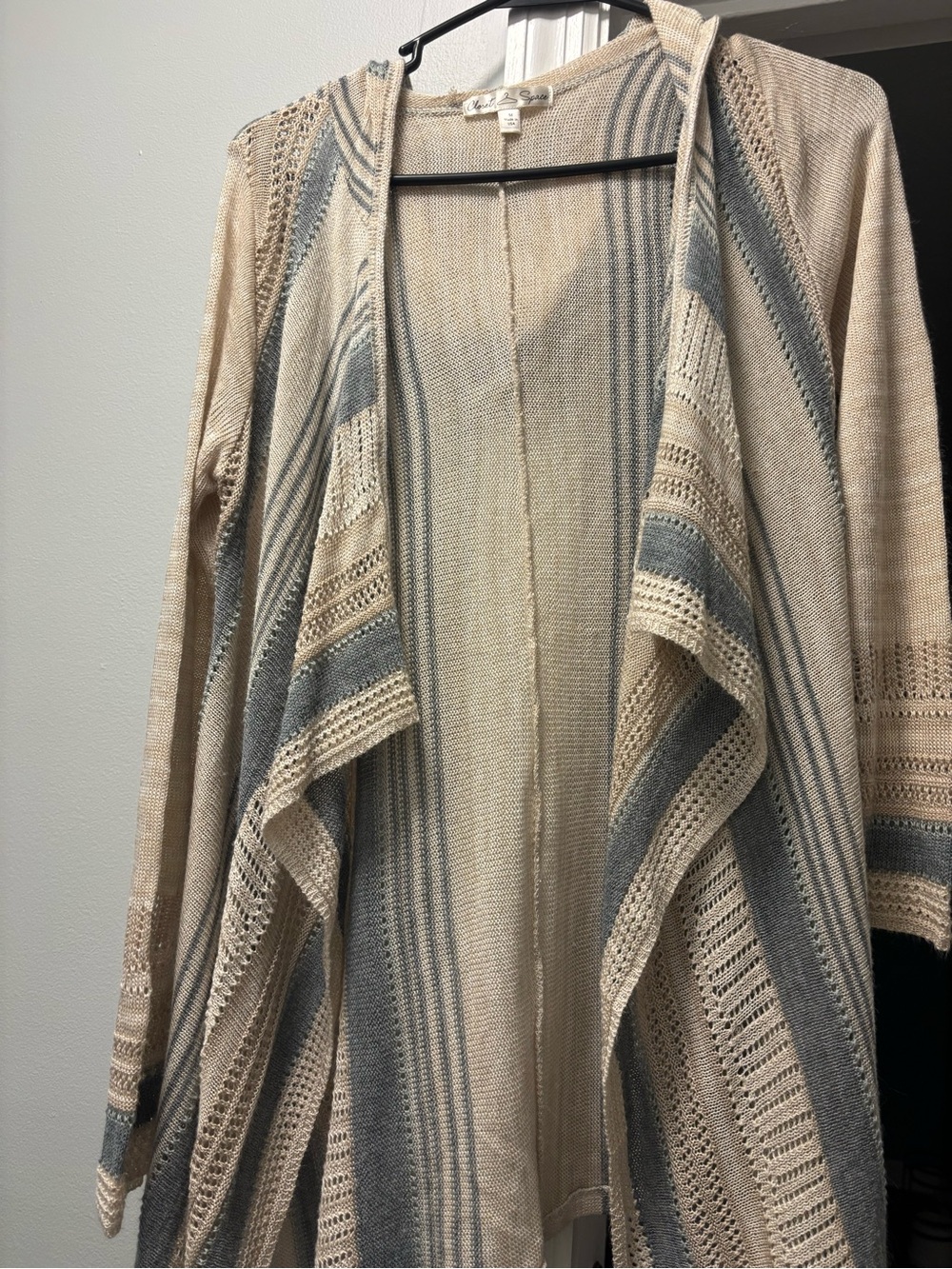 Neutral Stripe Open-Front Hooded Cardigan Sweater